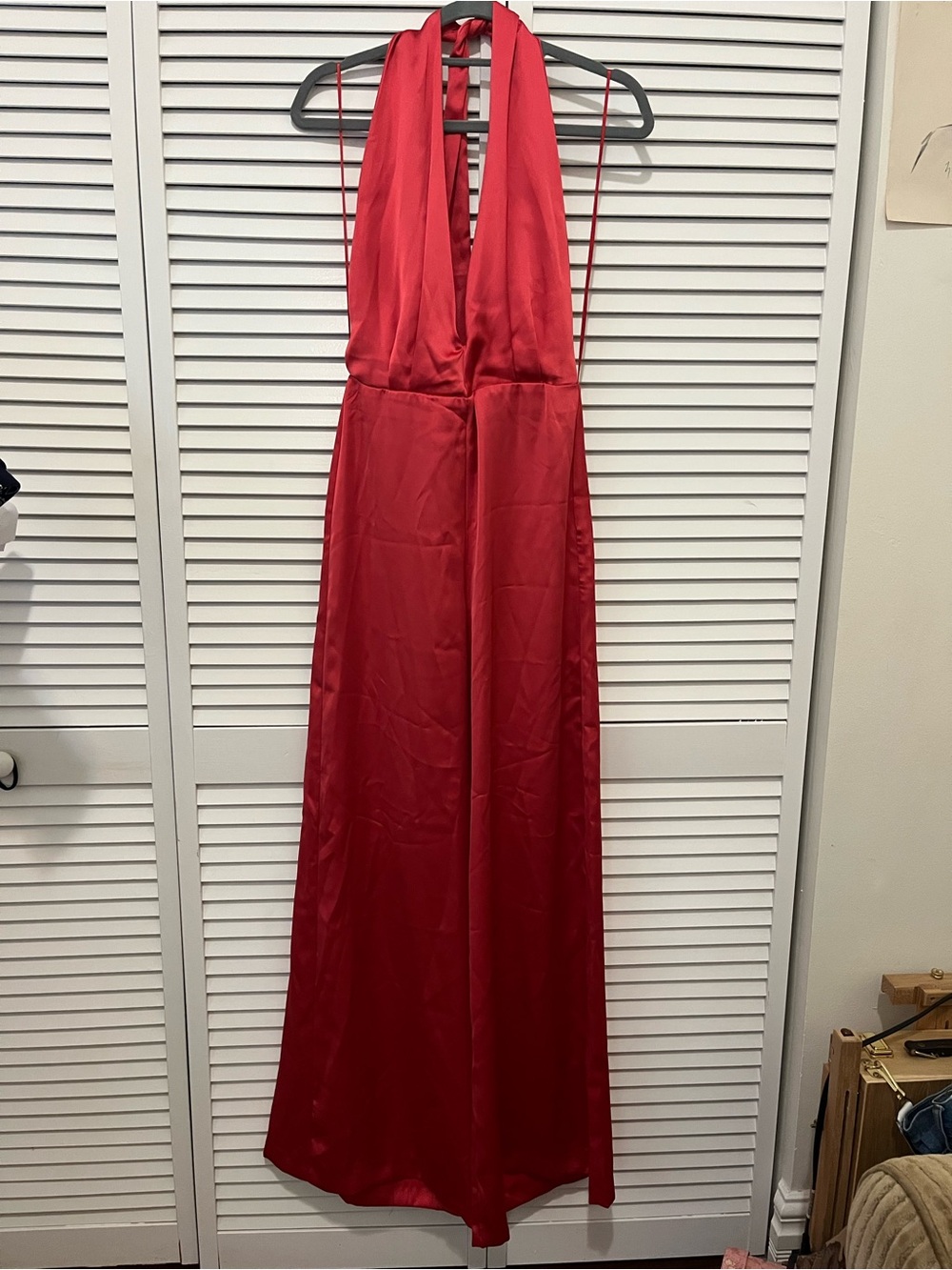 Elegant Coral Satin Halter Maxi jumpsuit